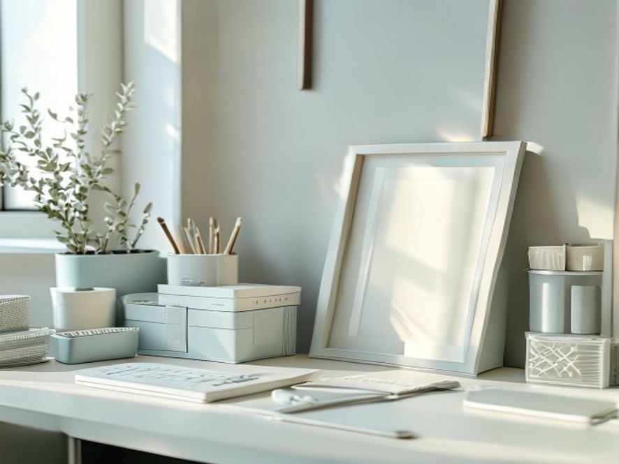 Organiseret skrivebord med minimalistisk udstyr og naturligt lys